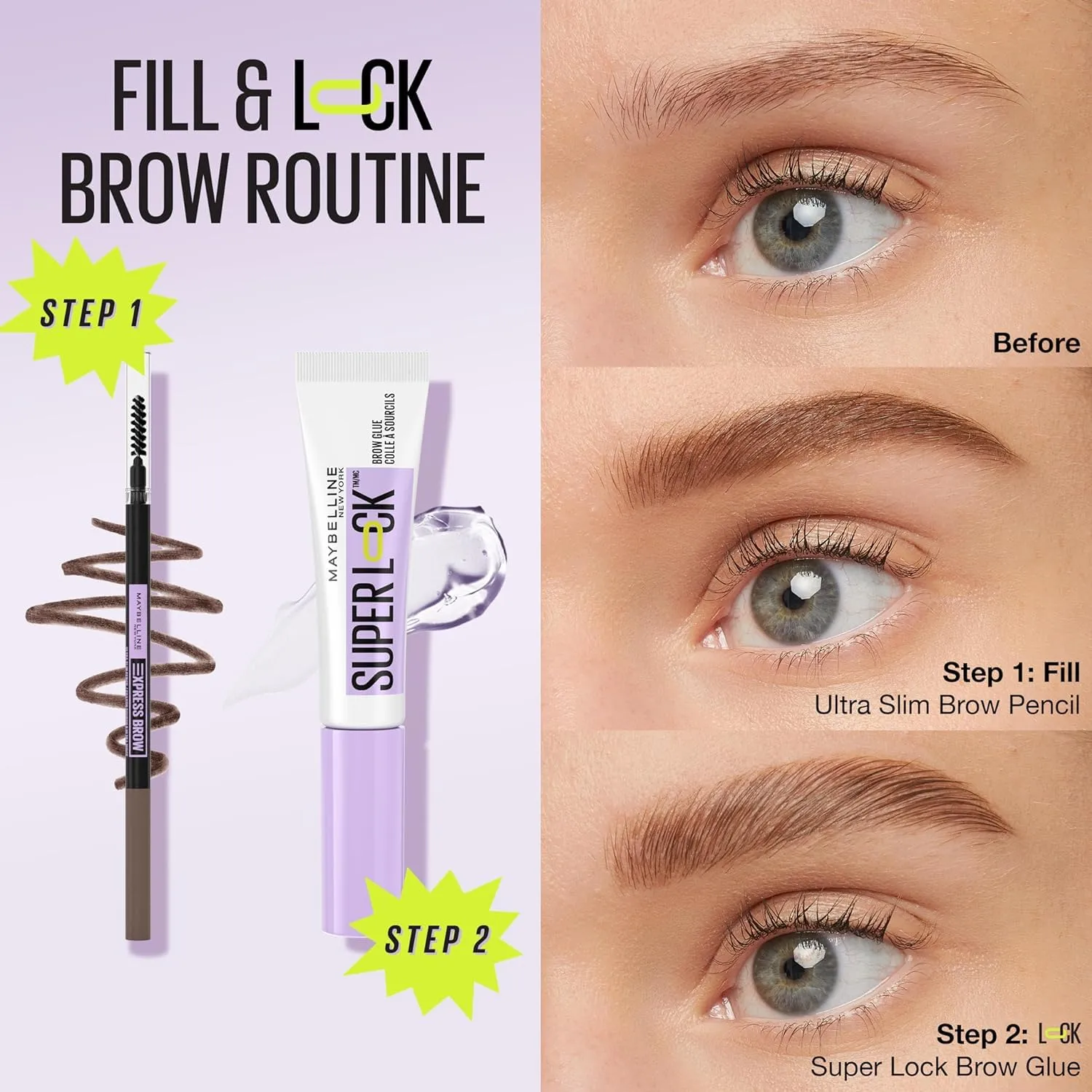 Maybelline Express Brow Ultra Slim Deep Brown Eyebrow Pencil and Super Lock Clear Brow Gel Bundle