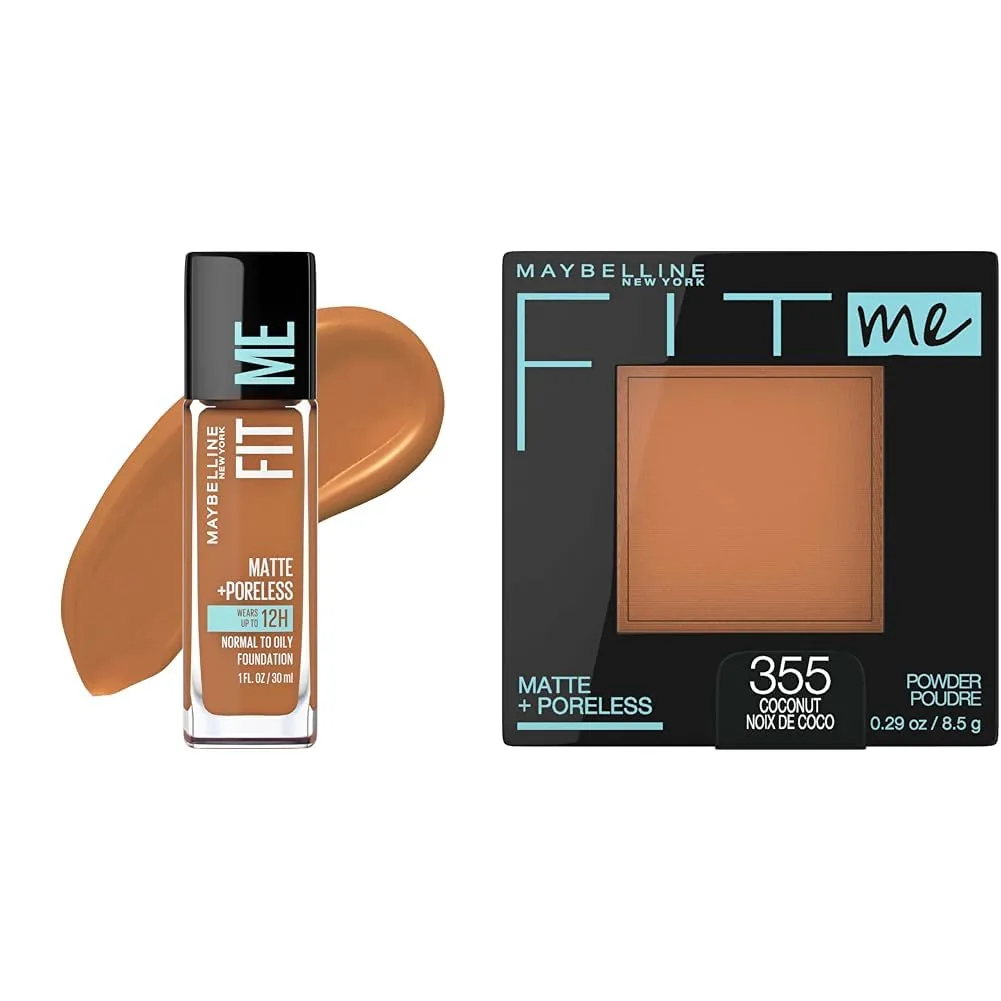 Maybelline Fit Me Matte   Poreless Liquid Foundation Makeup & Pressed Powder Face Makeup, Warm Coconut & Coconut, 1 Count Each