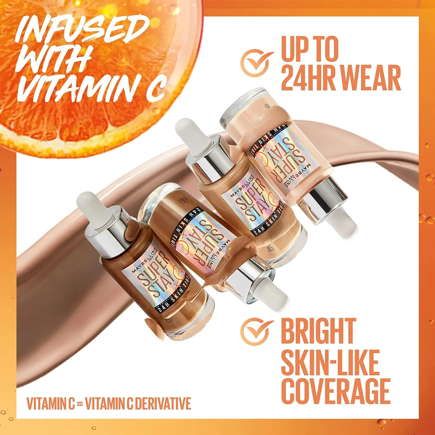Maybelline Super Stay Up to 24HR Skin Tint, Radiant Light-to-Medium Coverage Foundation, Makeup Infused With Vitamin C, 120, 1 Count