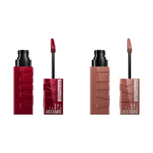 MAYBELLINE Super Stay Vinyl Ink Longwear No-Budge Liquid Lipcolor Makeup Bundle with Royal Deep Wine Red 0.14 fl oz and Punchy Nude 0.14 fl oz Lipsticks