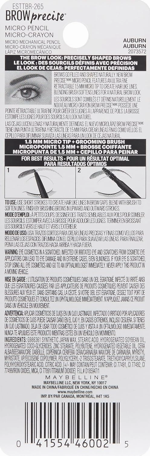 Maybelline Brow Precise Micro Eyebrow Pencil Makeup, Auburn, 0.002 oz.