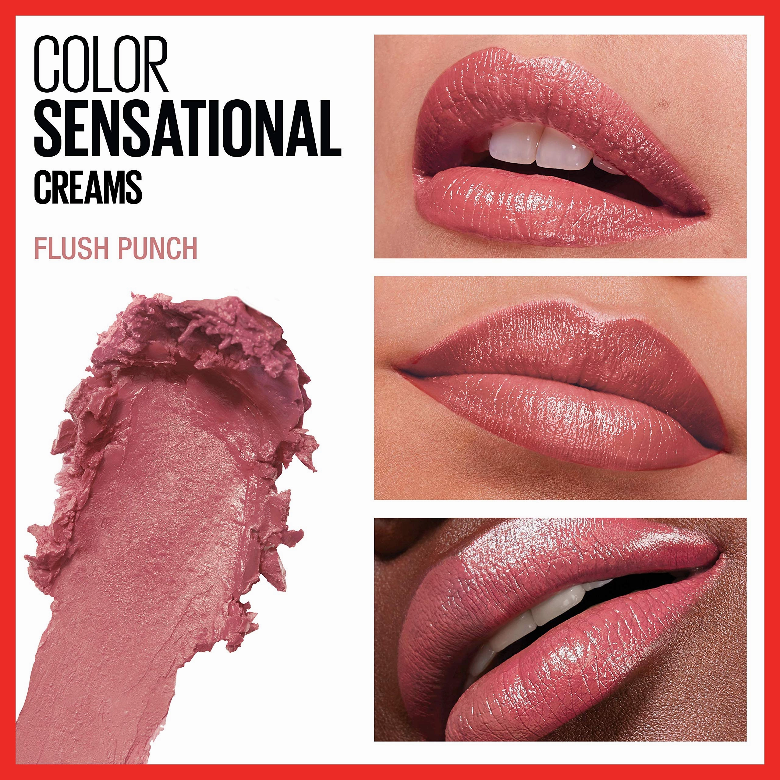 Maybelline Color Sensational Lipstick, Lip Makeup, Cream Finish, Hydrating Lipstick, Nude, Pink, Red, Plum Lip Color, Flush Punch, 0.15 oz; (Packaging May Vary)