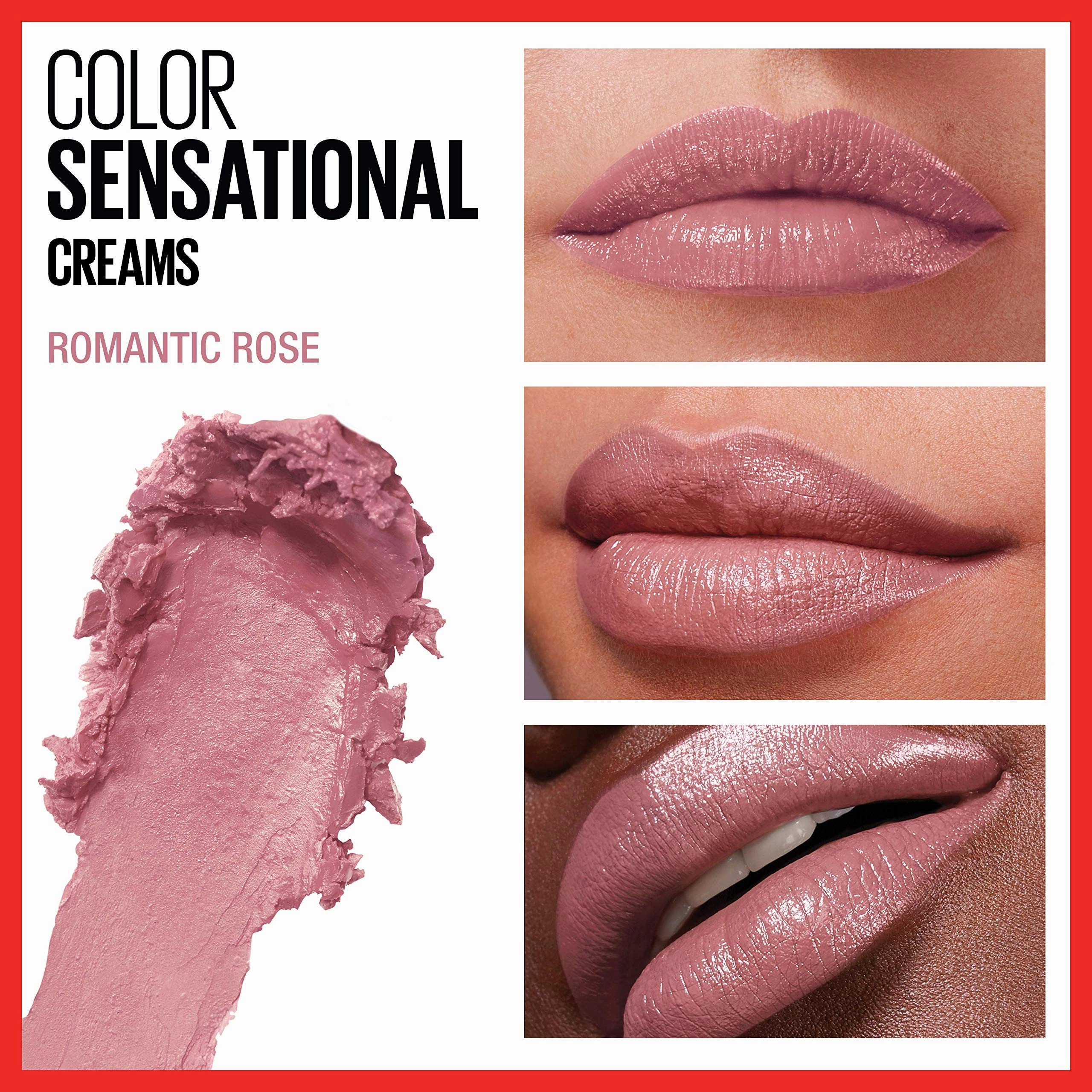 Maybelline Color Sensational Lipstick, Lip Makeup, Cream Finish, Hydrating Lipstick, Nude, Pink, Red, Plum Lip Color, Romantic Rose, 0.15 oz; (Packaging May Vary)