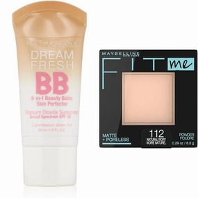 Maybelline Dream Fresh Skin Hydrating BB cream, 8-in-1 Skin Perfecting Beauty Balm & Fit Me Matte   Poreless Pressed Face Powder Makeup & Setting Powder, Natural Ivory