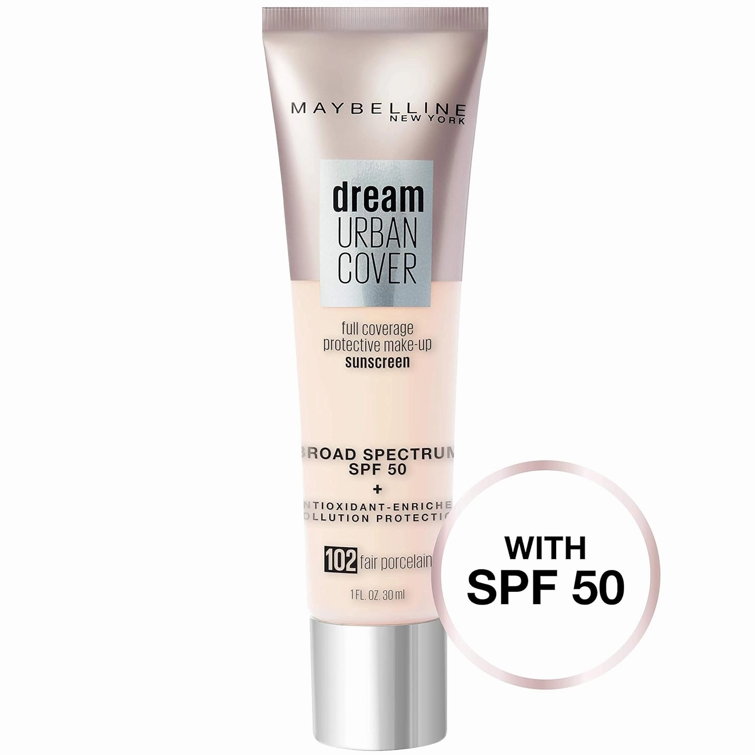 Maybelline Dream Urban Cover Flawless Coverage Foundation Makeup, SPF 50, Fair Porcelain