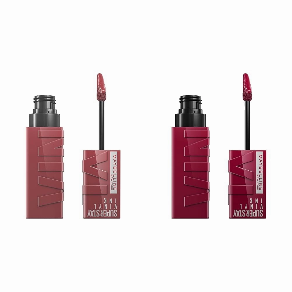 MAYBELLINE Super Stay Vinyl Ink Longwear No-Budge Liquid Lipcolor Makeup Bundle with Mauve Nude 0.14 fl oz and Berry Burgundy 0.14 fl oz Lipsticks