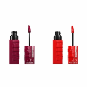 MAYBELLINE Super Stay Vinyl Ink Longwear No-Budge Liquid Lipcolor Makeup Bundle with Red-Hot Fire Engine Red and Unrivaled Berry Burgundy Shades