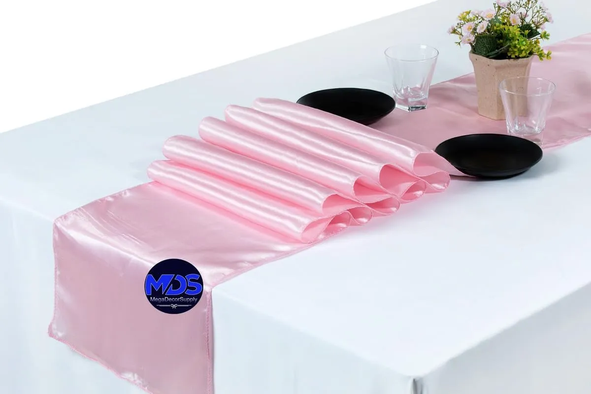 MDS 10 PCS Satin Table Runners 12 x 108 Inch Charmeuse Sateen Silk Table Runner for Indoor Outdoor Wedding Reception Birthday Graduation Party Event Banquet Dining Table Decoration - Blush Pink