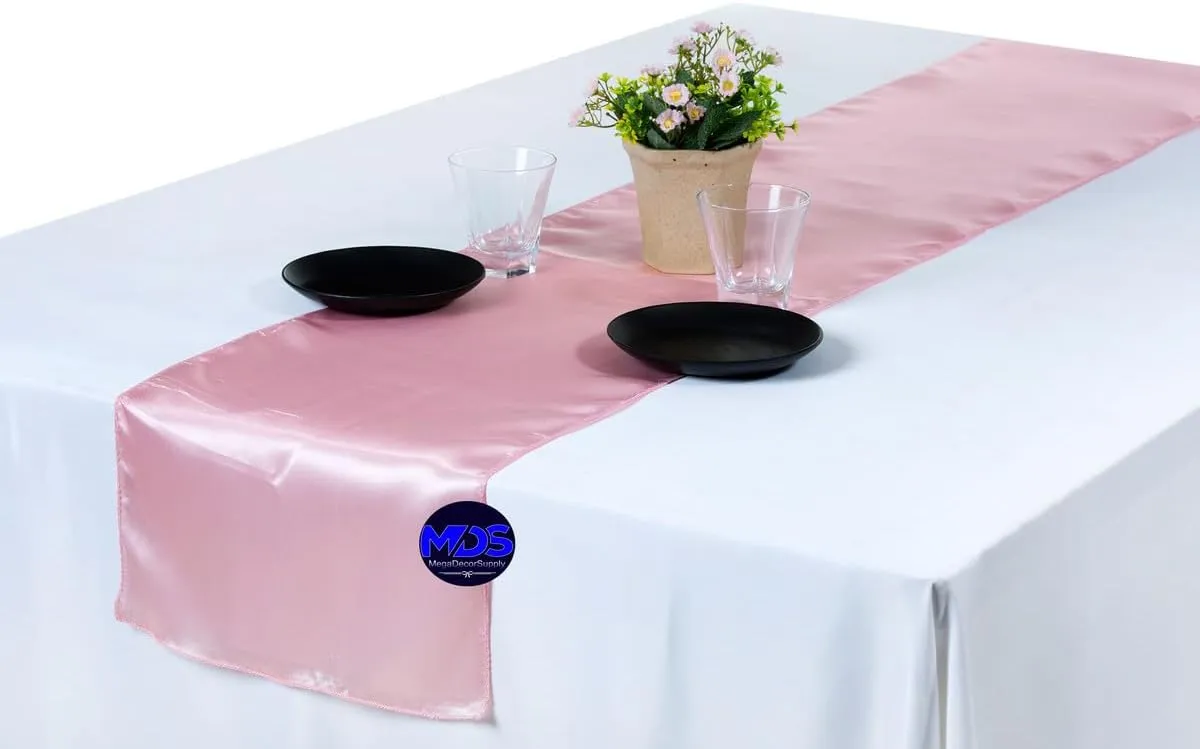 MDS 10 PCS Satin Table Runners 12 x 108 Inch Charmeuse Sateen Silk Table Runner for Indoor Outdoor Wedding Reception Birthday Graduation Party Event Banquet Dining Table Decoration - Blush Pink