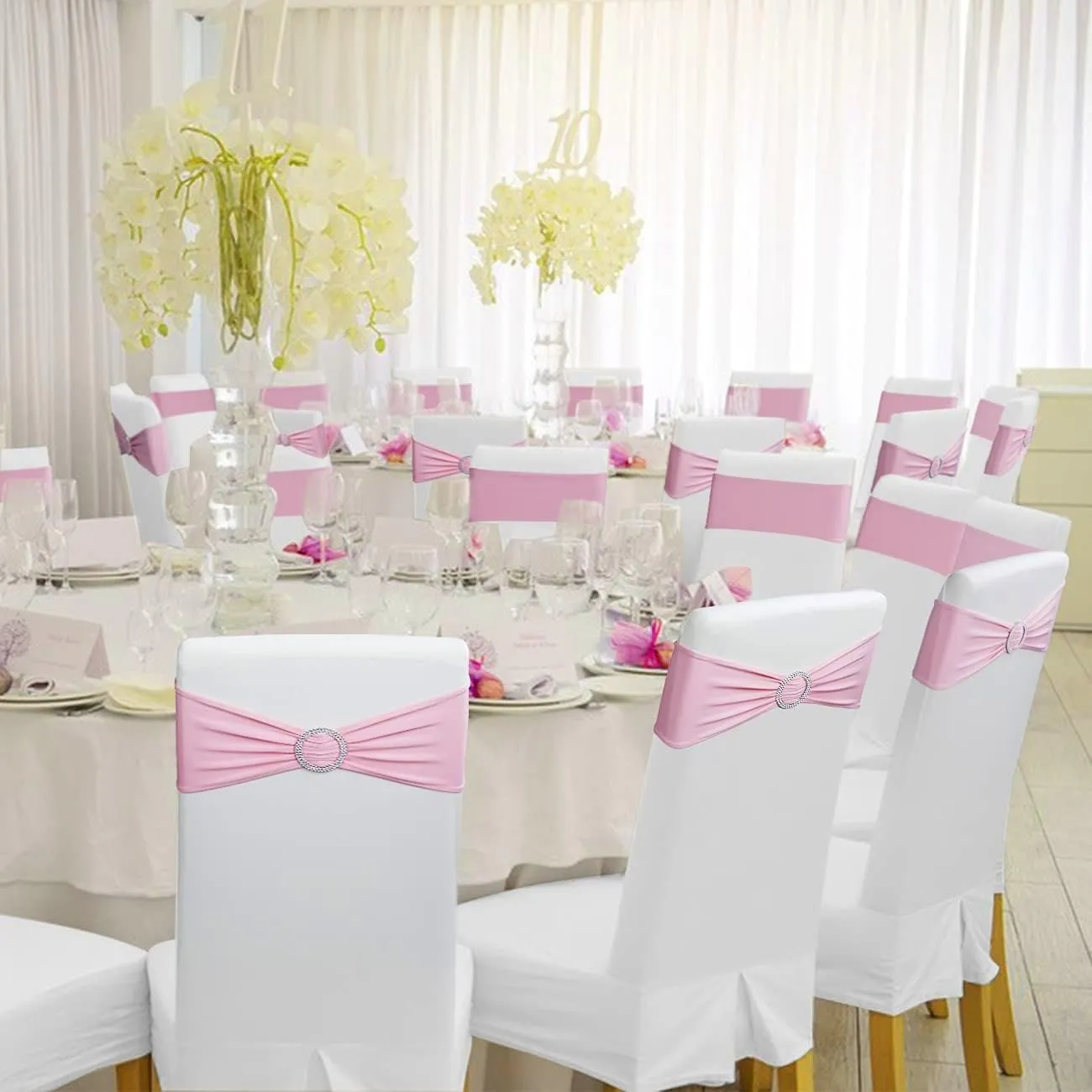 MDS Pack of 25 Spandex Chair Sashes Bow Premium Stretch Chair Cover Band with Buckle Slider Universal fits Elastic Stretch Chair Ties for Wedding Party Banquet Events Decoration - Blush Pink