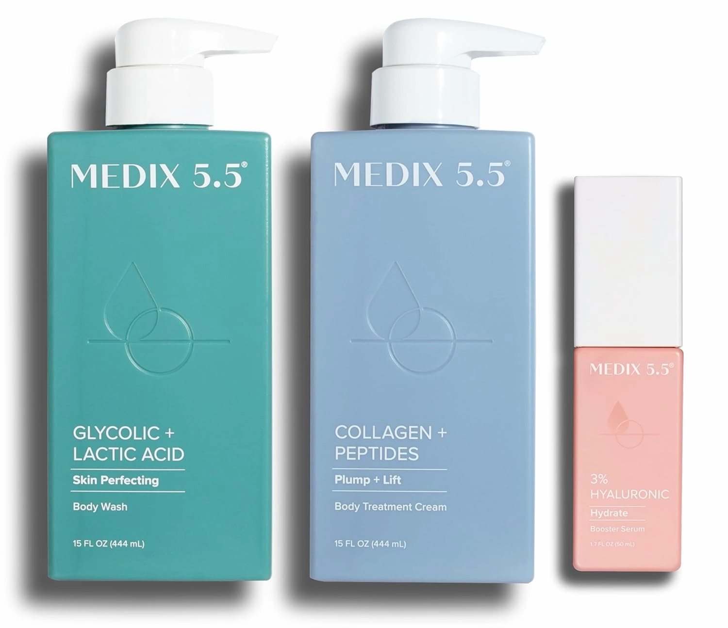 Medix 5.5 Glycolic Acid Body Wash   Collagen   Peptide Firming Cream   3% Hyaluronic Acid Anti-Aging Booster Serum Set