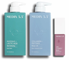 Medix 5.5 Glycolic Acid Body Wash   Collagen   Peptides Firming Body Cream   20% Vitamin F Anti-Aging Booster Serum Set