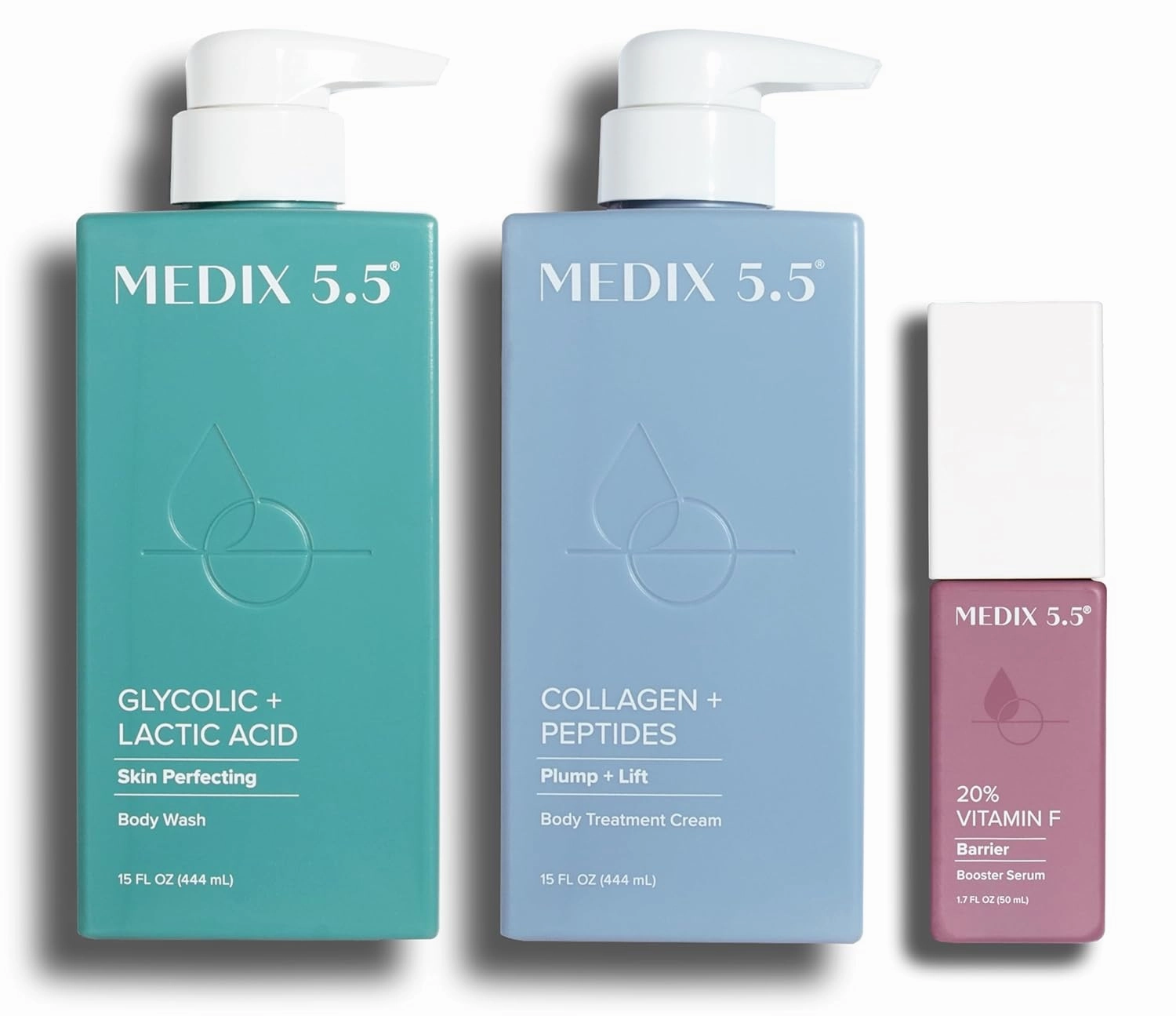 Medix 5.5 Glycolic Acid Body Wash   Collagen   Peptides Firming Body Cream   20% Vitamin F Anti-Aging Booster Serum Set