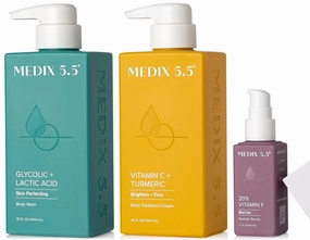 Medix 5.5 Glycolic Acid Exfoliating Body Wash   Vitamin C Brightening Body Treatment Cream   20% Vitamin F Anti Aging Serum Set