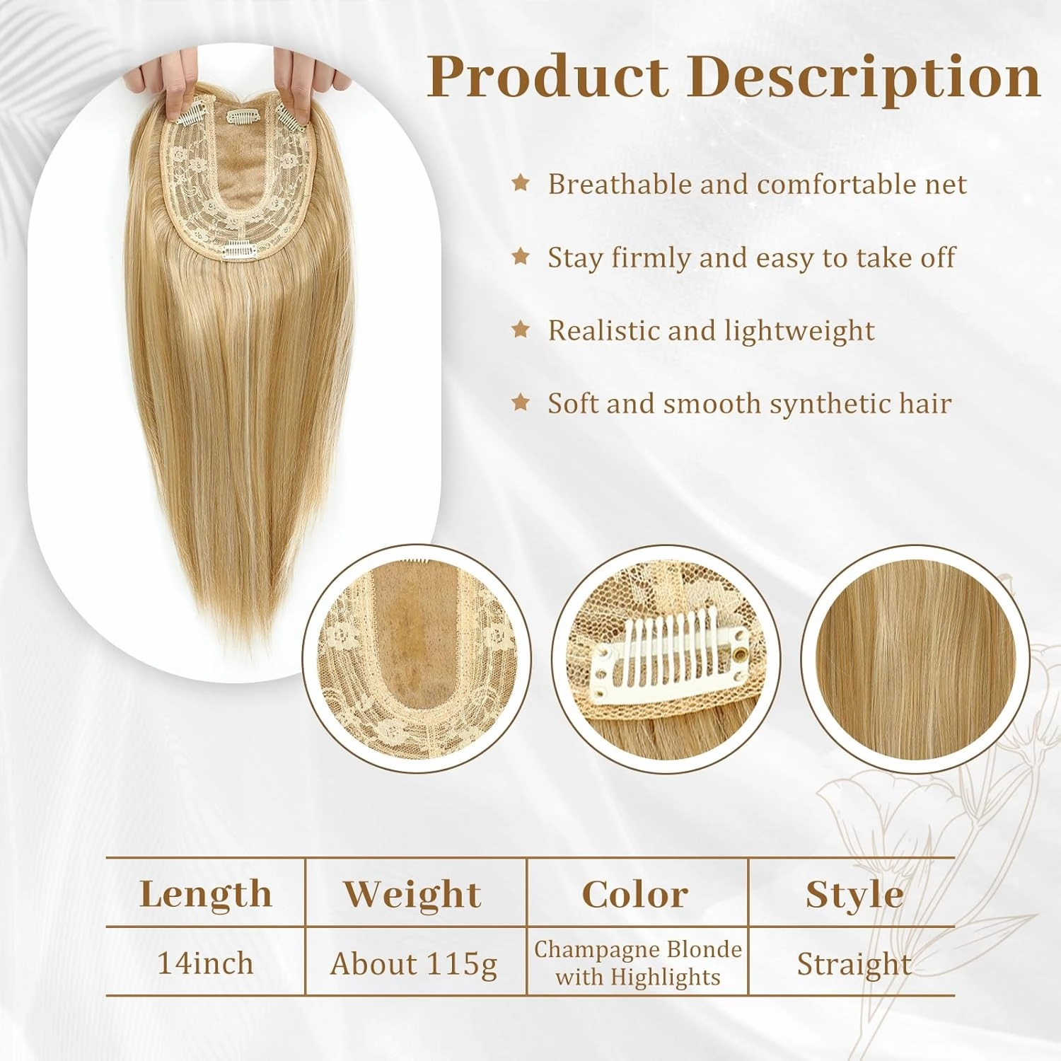 MEDO Hair Toppers for Women, 14 Inch Synthetic Straight Champagne Blonde Hair Topper with Highlights
