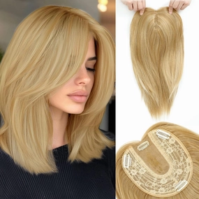 MEDO Hair Toppers for Women, 14 Inch Synthetic Straight Champagne Blonde Hair Topper with Highlights