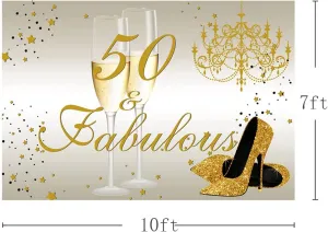 MEHOFOND Happy 50th Birthday Party for Women Decoration Backdrop Gold High Heels and Champagne Fabulous 50th Birthday Photography Background Studio Props Banner 10x7ft