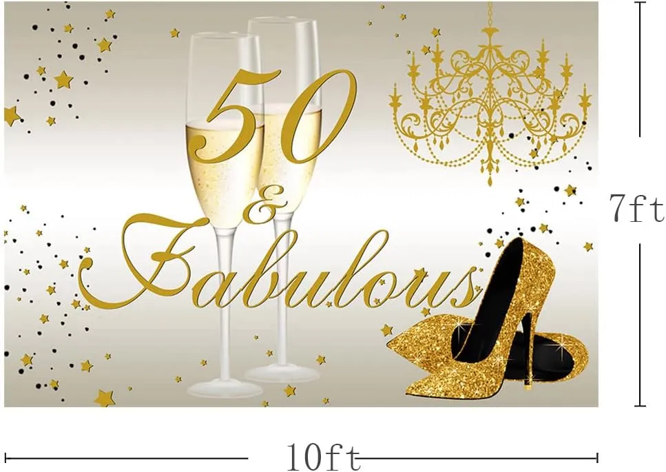 MEHOFOND Happy 50th Birthday Party for Women Decoration Backdrop Gold High Heels and Champagne Fabulous 50th Birthday Photography Background Studio Props Banner 10x7ft