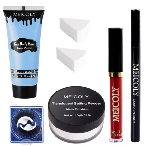 MEICOLY Sally Makeup Kit,Professional Sally Costume Corpse Bride Makeup,Light Blue Face Paint and Setting Powder Halloween Makeup Kit,Sally Face Cosplay,Liquid Eyeliner False Eyelash Lipstick Sponges