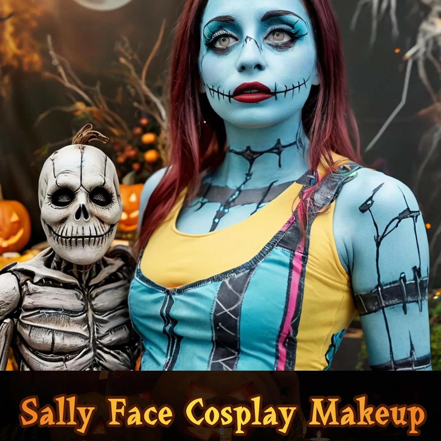 MEICOLY Sally Makeup Kit,Professional Sally Costume Corpse Bride Makeup,Light Blue Face Paint and Setting Powder Halloween Makeup Kit,Sally Face Cosplay,Liquid Eyeliner False Eyelash Lipstick Sponges