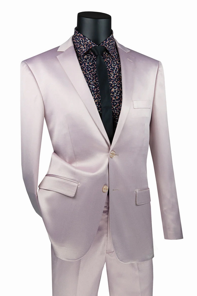 Men's Slim Fit Shiny Satin Prom & Wedding Sharkskin Suit in Blush Pink
