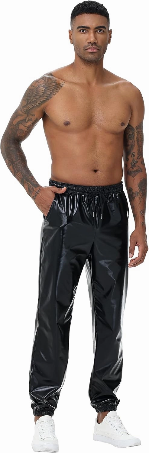 Mens Gold Metallic Shiny Rave Night Club Pants Comfort Sweatpants Disco Dance Party Elastic Trousers