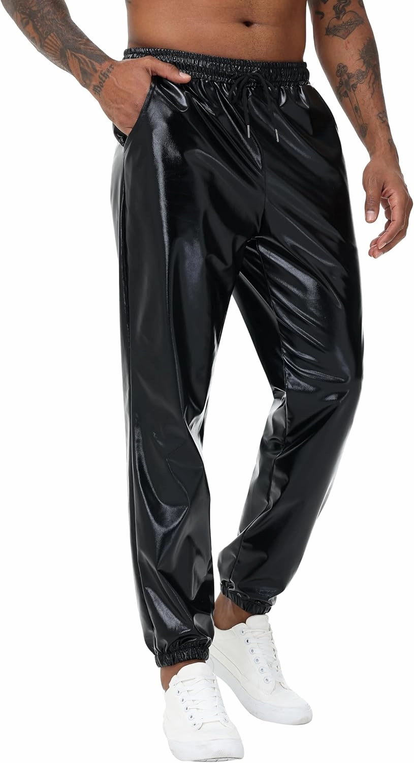 Mens Gold Metallic Shiny Rave Night Club Pants Comfort Sweatpants Disco Dance Party Elastic Trousers