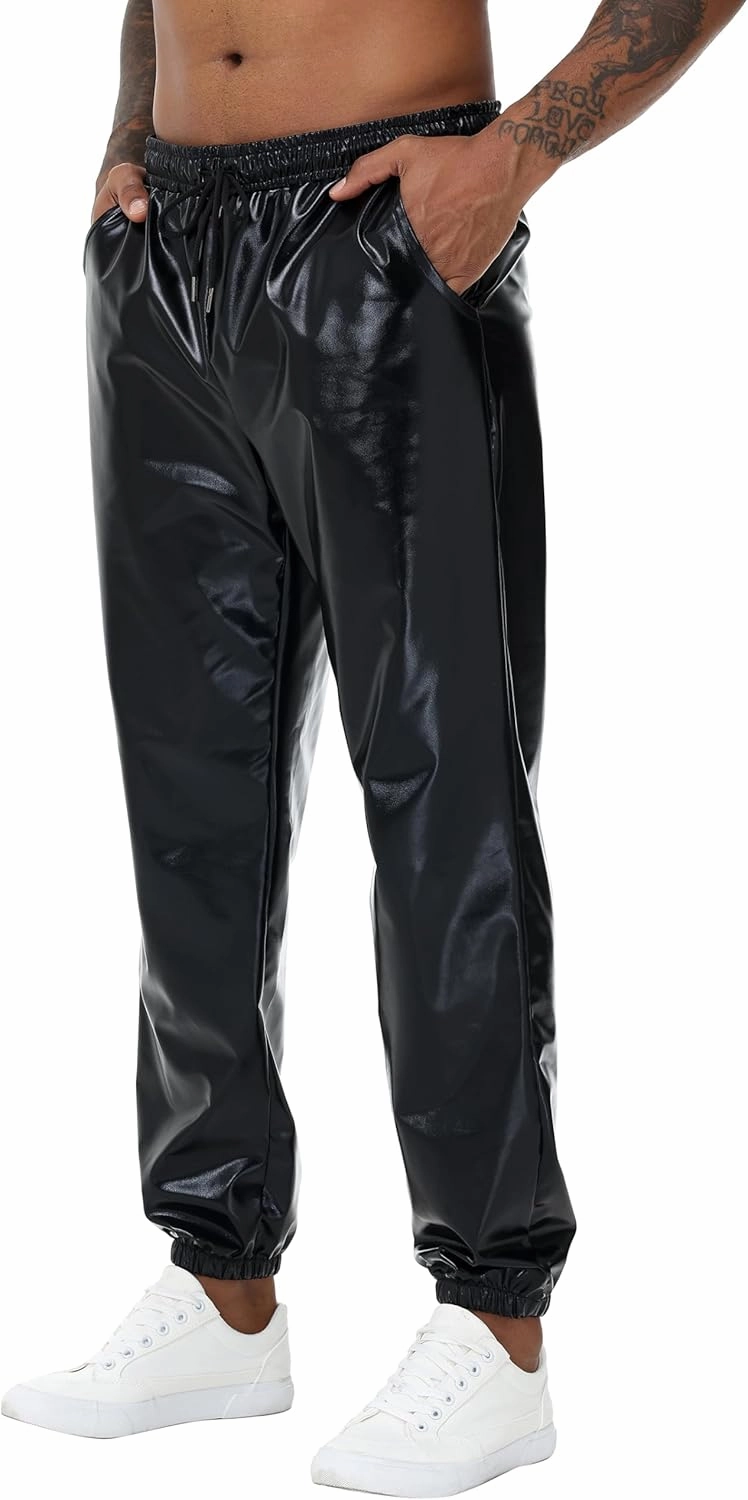 Mens Gold Metallic Shiny Rave Night Club Pants Comfort Sweatpants Disco Dance Party Elastic Trousers