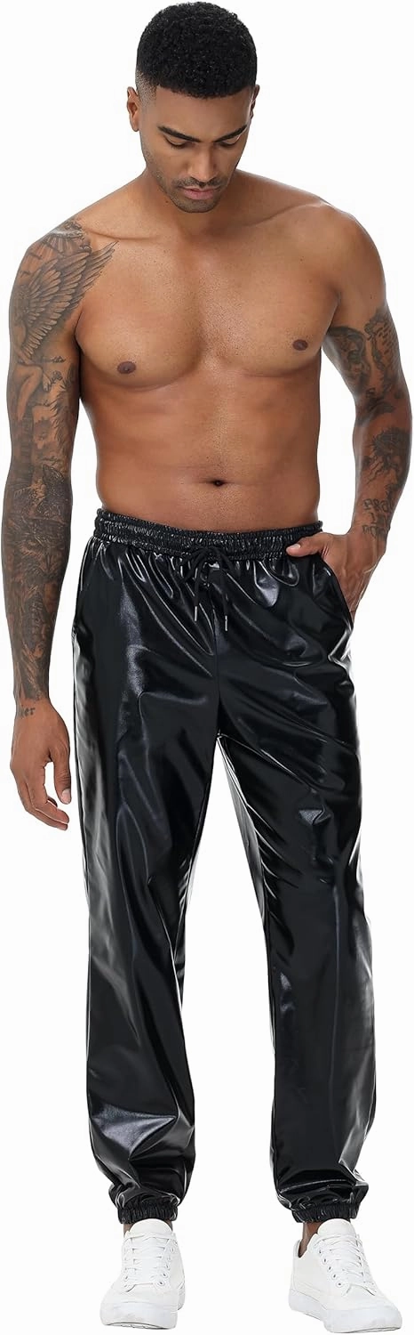 Mens Gold Metallic Shiny Rave Night Club Pants Comfort Sweatpants Disco Dance Party Elastic Trousers