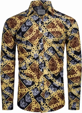 Mens Luxury Dress Shirts Baroque Gold Chain Print Casual Long Sleeve Button Down Buchona Shirt for Party