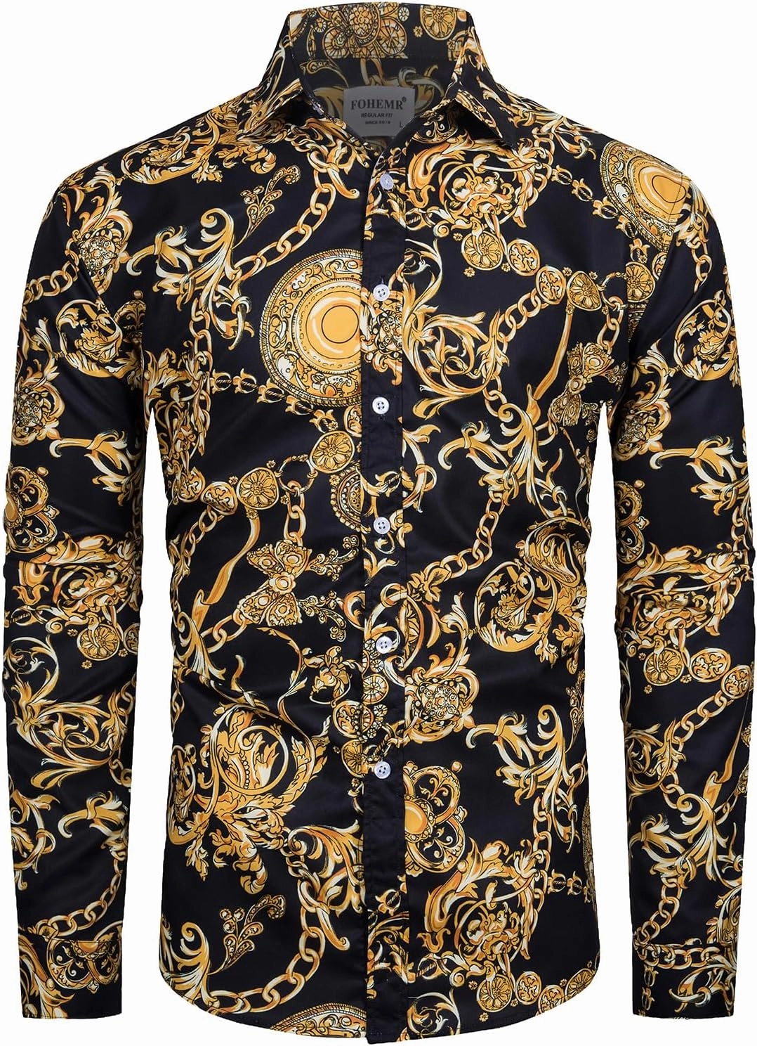 Mens Luxury Dress Shirts Baroque Gold Chain Print Casual Long Sleeve Button Down Buchona Shirt for Party
