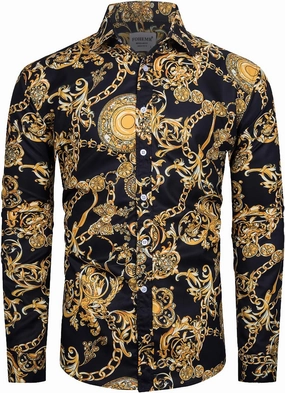 Mens Luxury Dress Shirts Baroque Gold Chain Print Casual Long Sleeve Button Down Buchona Shirt for Party