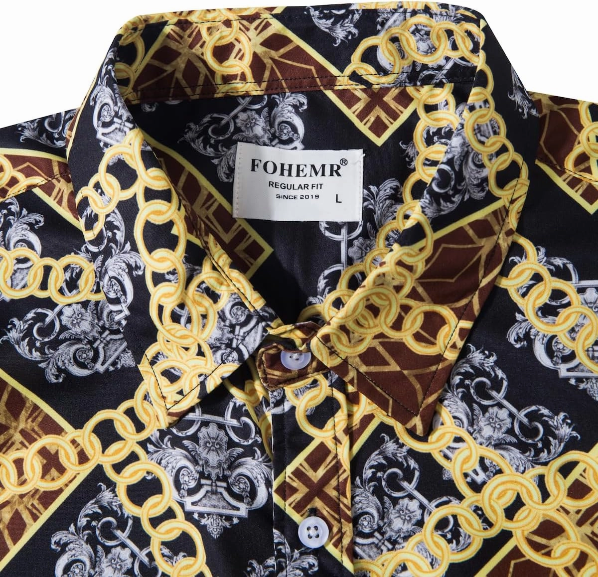 Mens Luxury Dress Shirts Baroque Gold Chain Print Casual Long Sleeve Button Down Buchona Shirt for Party