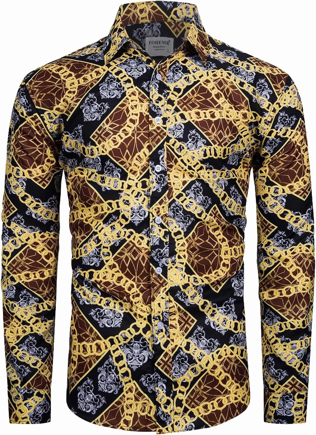Mens Luxury Dress Shirts Baroque Gold Chain Print Casual Long Sleeve Button Down Buchona Shirt for Party