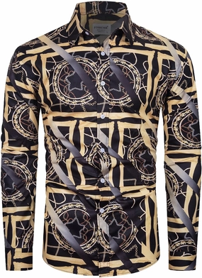 Mens Luxury Dress Shirts Baroque Gold Chain Print Casual Long Sleeve Button Down Buchona Shirt for Party