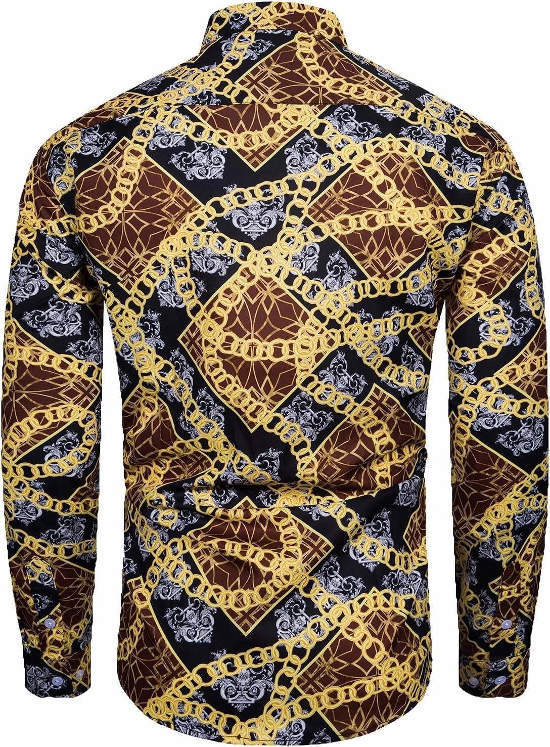 Mens Luxury Dress Shirts Baroque Gold Chain Print Casual Long Sleeve Button Down Buchona Shirt for Party