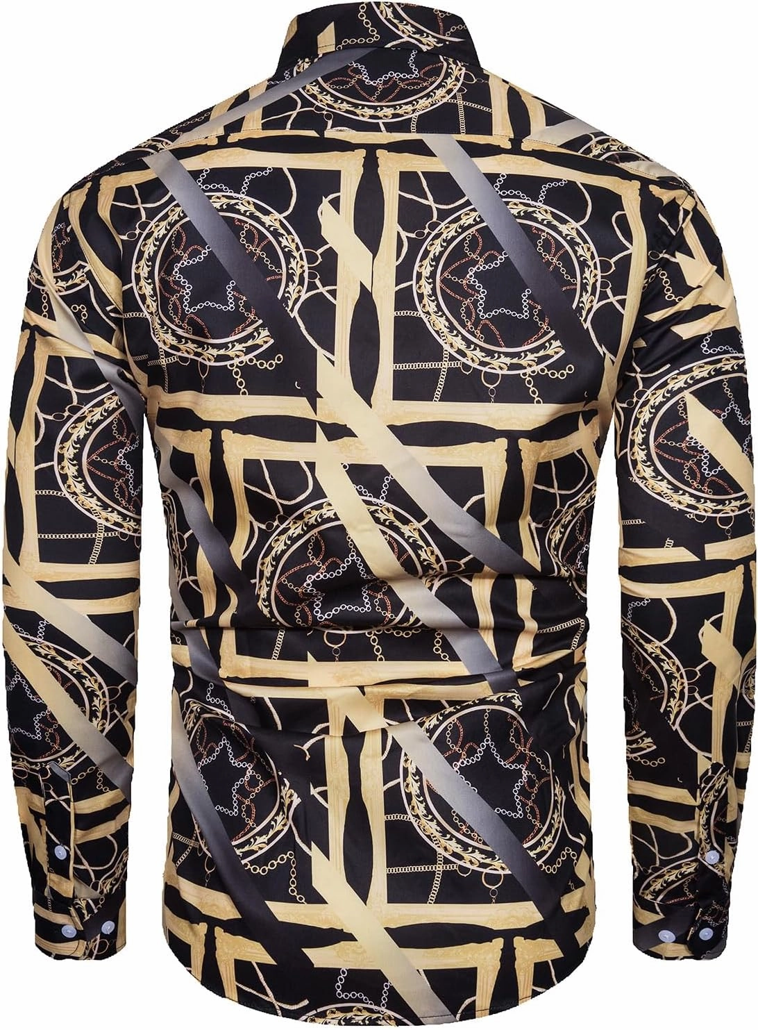 Mens Luxury Dress Shirts Baroque Gold Chain Print Casual Long Sleeve Button Down Buchona Shirt for Party