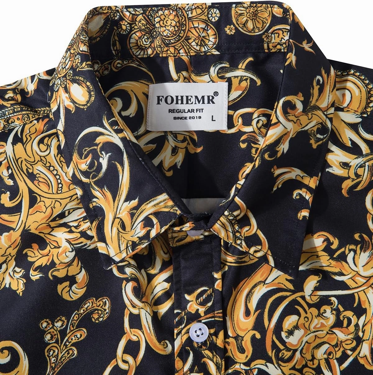 Mens Luxury Dress Shirts Baroque Gold Chain Print Casual Long Sleeve Button Down Buchona Shirt for Party