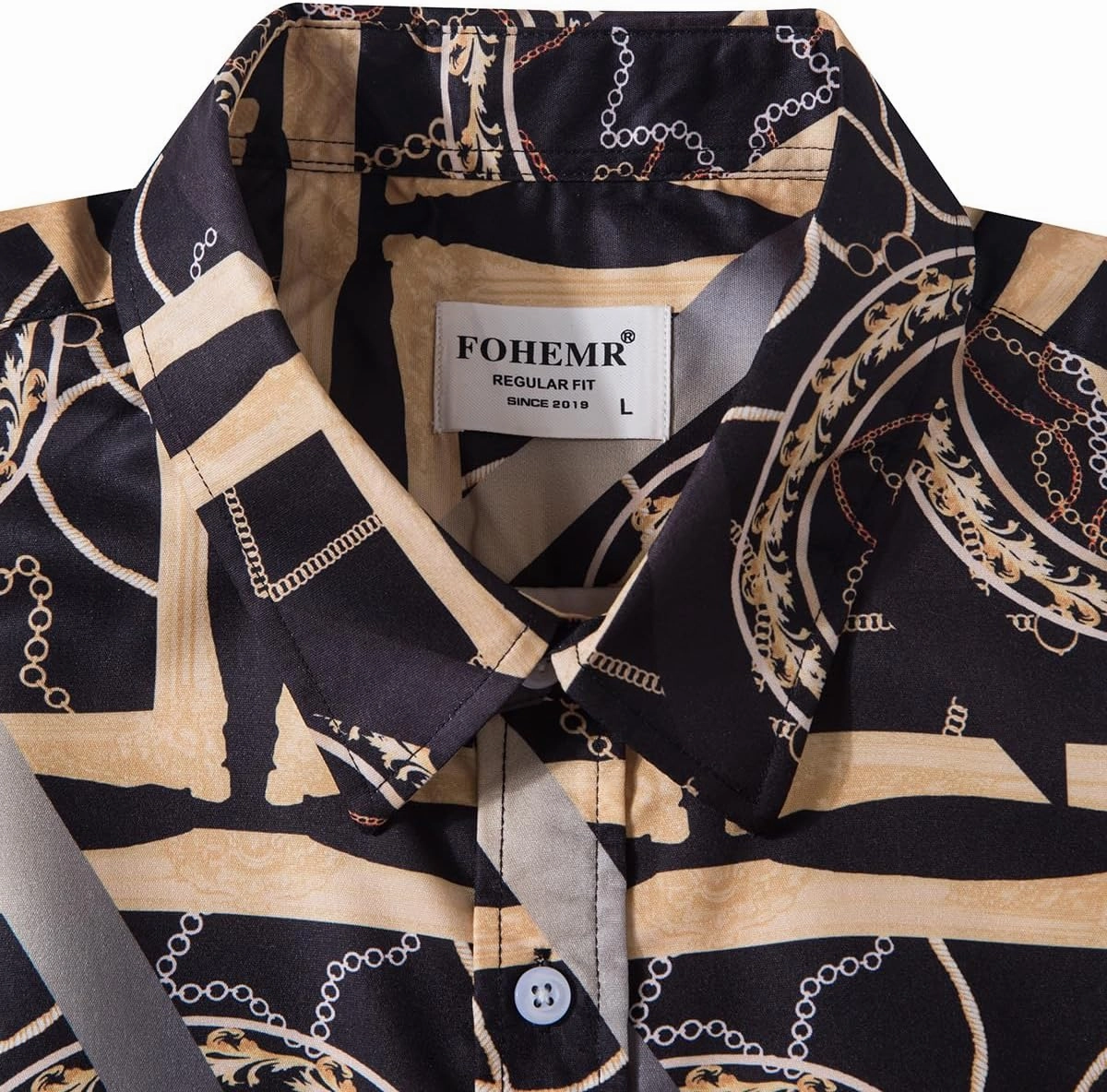 Mens Luxury Dress Shirts Baroque Gold Chain Print Casual Long Sleeve Button Down Buchona Shirt for Party