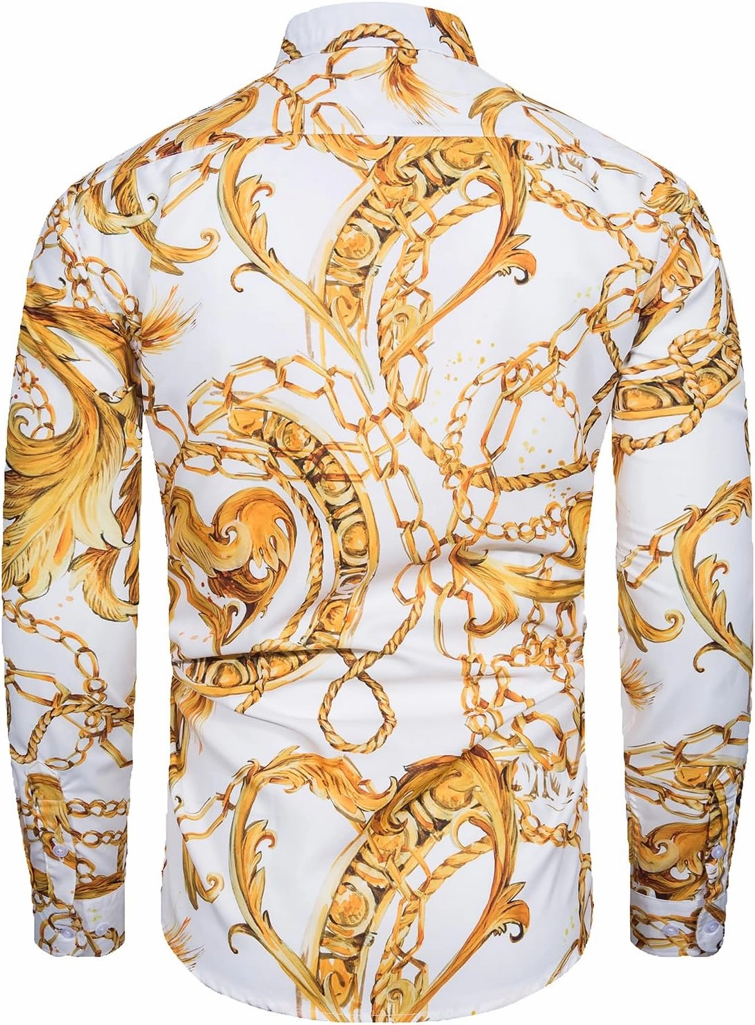 Mens Luxury Dress Shirts Baroque Gold Chain Print Casual Long Sleeve Button Down Buchona Shirt for Party