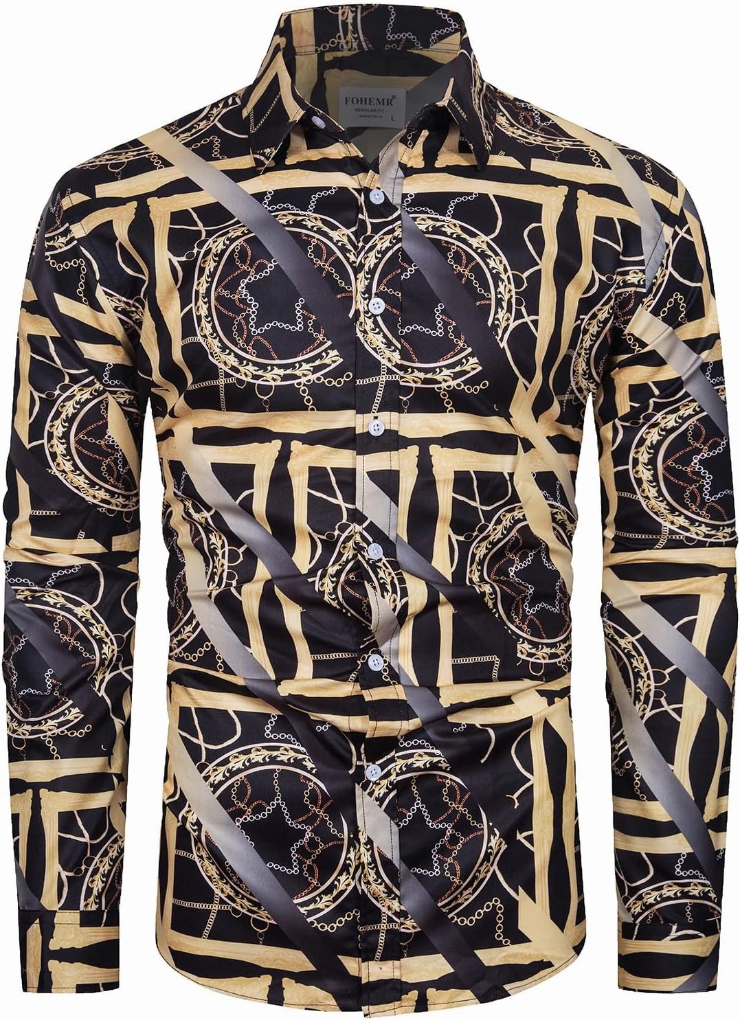 Mens Luxury Dress Shirts Baroque Gold Chain Print Casual Long Sleeve Button Down Buchona Shirt for Party