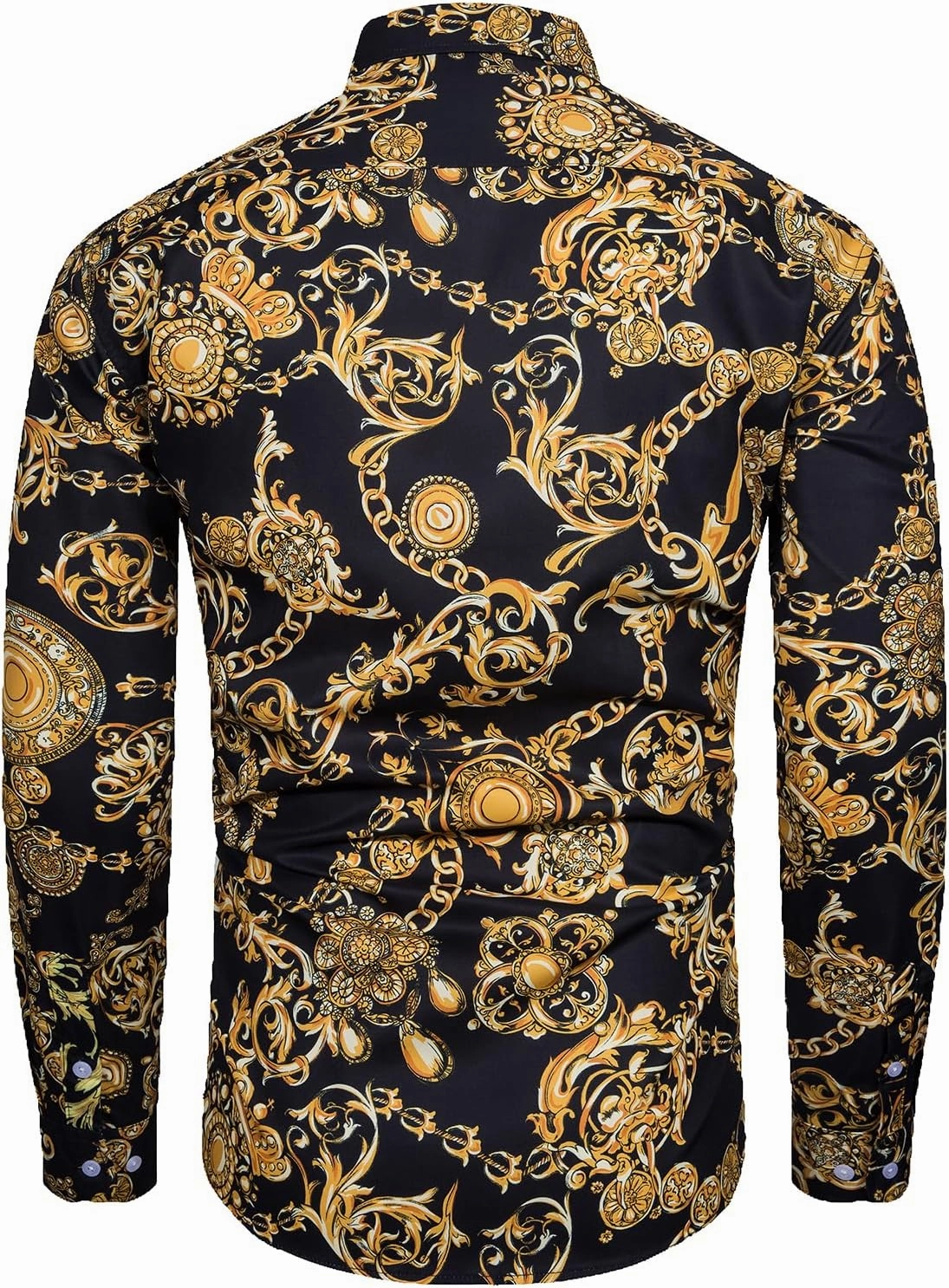 Mens Luxury Dress Shirts Baroque Gold Chain Print Casual Long Sleeve Button Down Buchona Shirt for Party