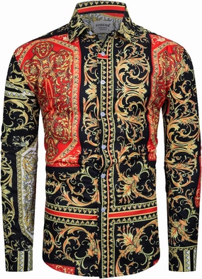 Mens Luxury Dress Shirts Baroque Gold Chain Print Casual Long Sleeve Button Down Buchona Shirt for Party
