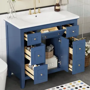 Merax 36" Blue Modern Bathroom Vanity With Sink, Cabinet With Tilt-Out Tray & 5 Drawers, Single Storage Sink Combo