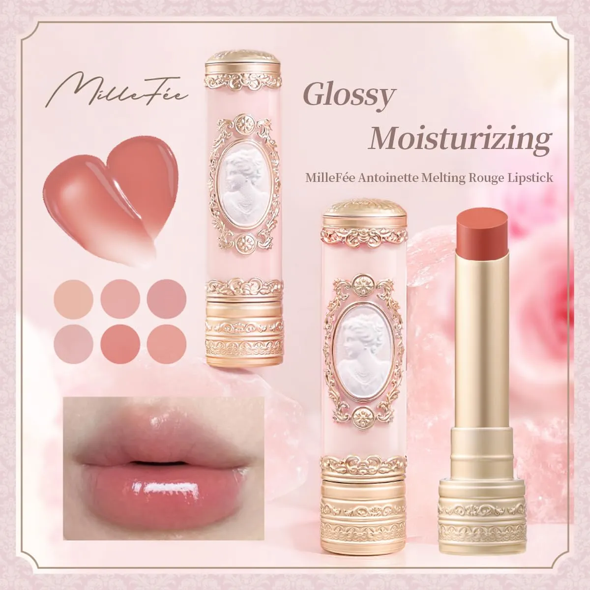 Millefee Antoinette Melting Rouge Lipstick, Highly Moisturizing, Transparent, Yeve, Brevet, Gift, Present, Carving Lip, Melting Texture, Fragrant, MilleFee (04 Peach Ruban)