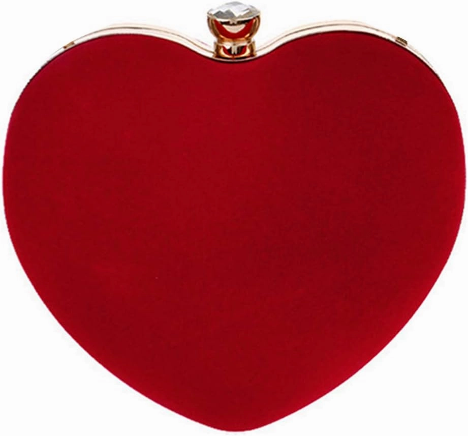 Mily Women Suede Velvet Heart Shape Evening Bag Purse Party Bag Tote with a Chain and handle Ring Red