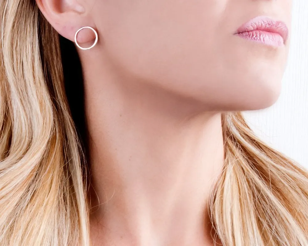 Minimalist Rose Gold Open Circle Stud Earrings - Designer Handmade Simple Karma Posts(rose gold, smooth)