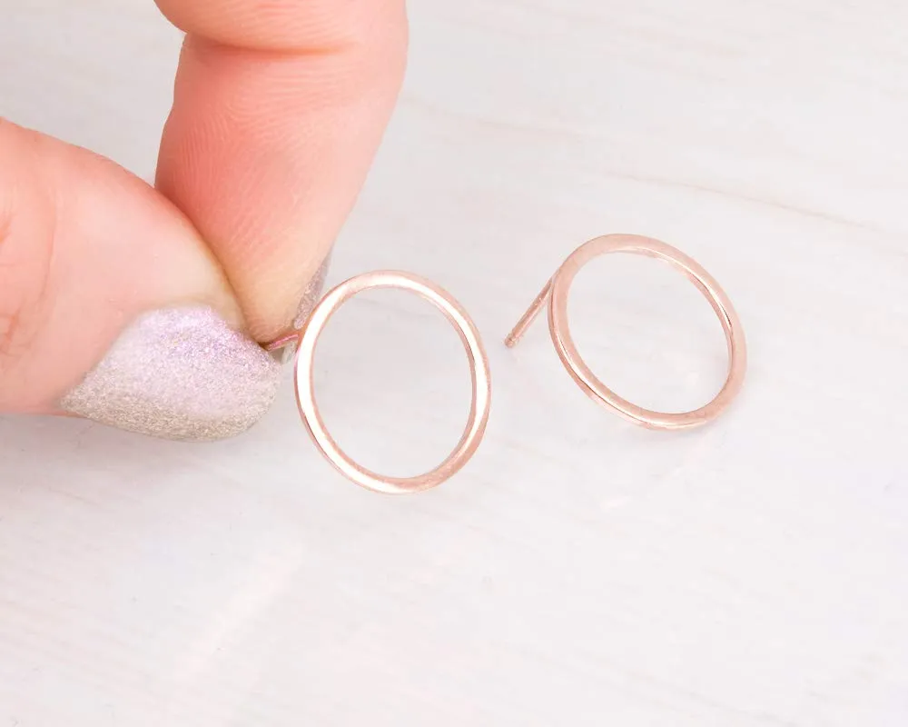 Minimalist Rose Gold Open Circle Stud Earrings - Designer Handmade Simple Karma Posts(rose gold, smooth)