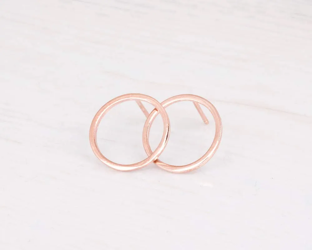 Minimalist Rose Gold Open Circle Stud Earrings - Designer Handmade Simple Karma Posts(rose gold, smooth)