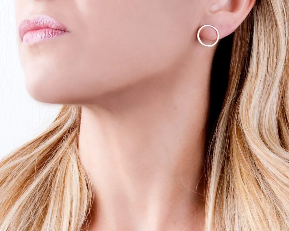 Minimalist Rose Gold Open Circle Stud Earrings - Designer Handmade Simple Karma Posts(rose gold, smooth)